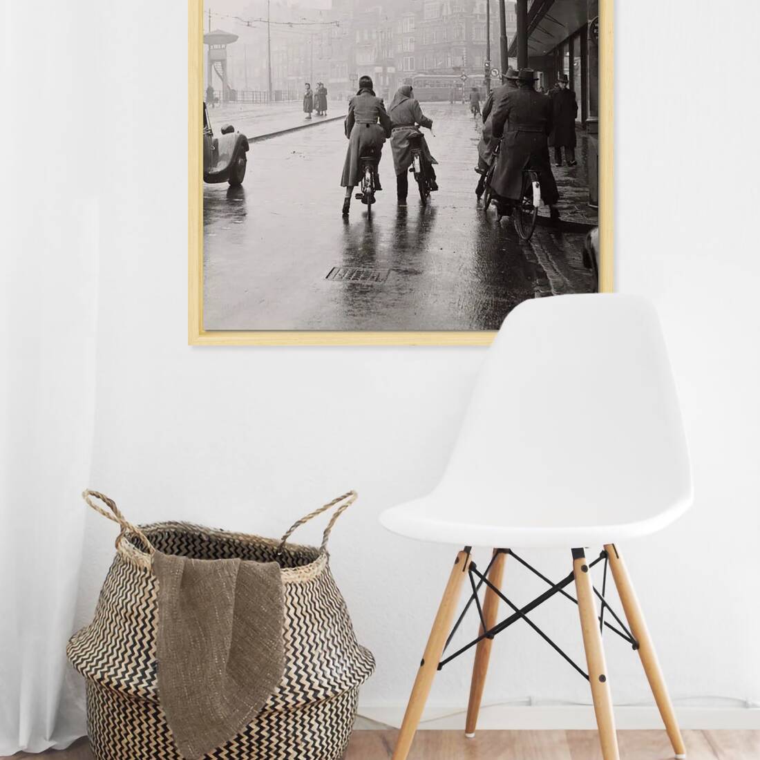 Zwart-witfoto uit 1954 van het Rokin in Amsterdam. – canvas naturel baklijst in keuken