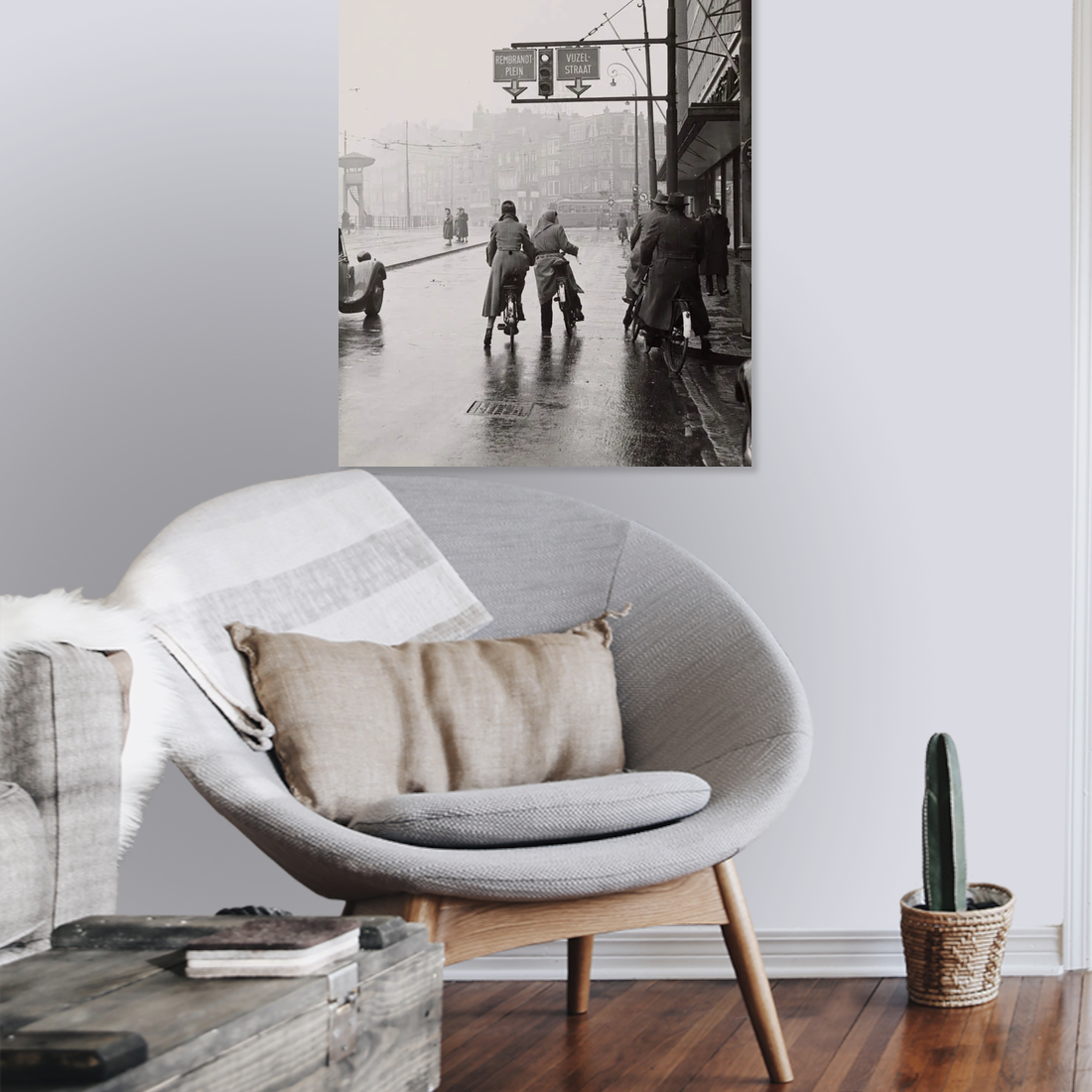 Zwart-witfoto uit 1954 van het Rokin in Amsterdam. – canvas zonder lijst in leeshoek
