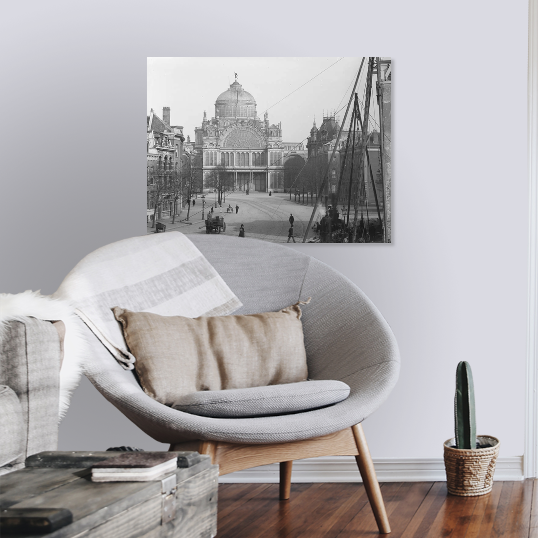 Zwart-witfoto uit 1892 van de Weteringschans in Amsterdam met het Paleis voor Volksvlijt op de achtergrond. – canvas zonder lijst in leeshoek