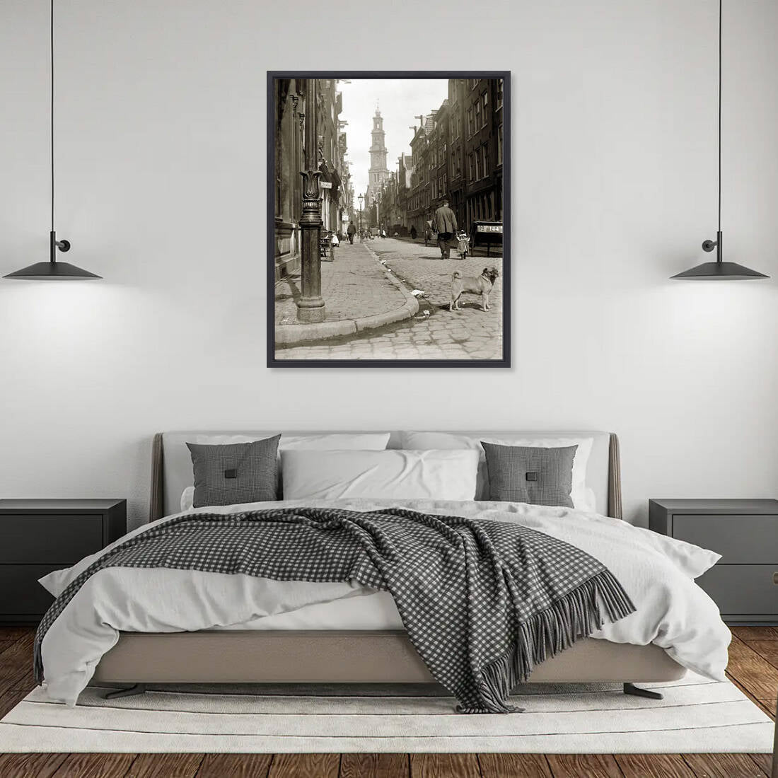 Zwart-witfoto uit 1902 van de Bloemstraat in de Jordaan in Amsterdam. – canvas zwarte baklijst in slaapkamer