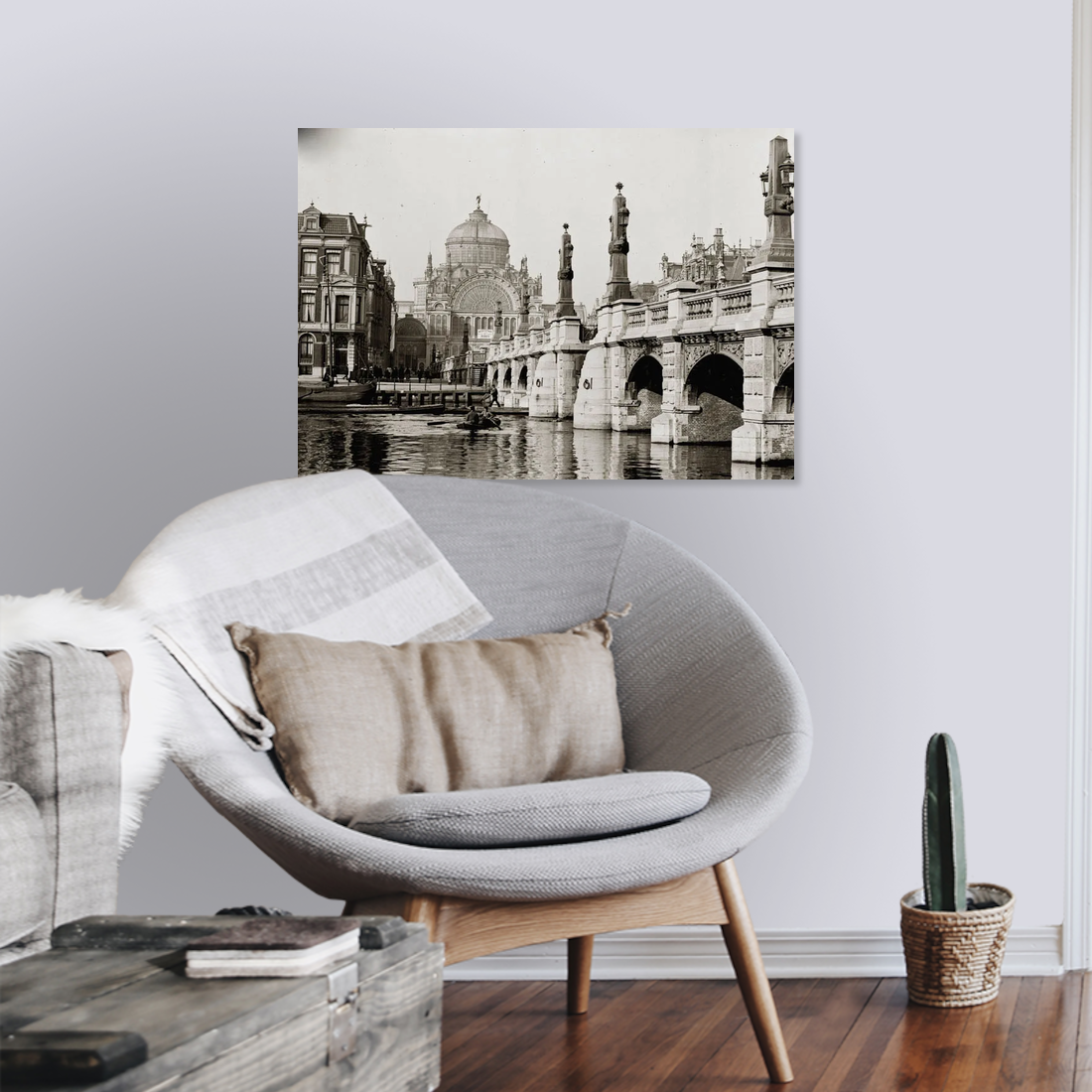 Zwart-witfoto uit 1894 van de Hogesluis over de Amstel in Amsterdam. – canvas zonder lijst in leeshoek