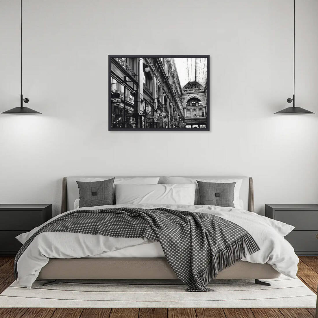 Zwart-witfoto uit 1927 van De Passage in Den Haag met de nieuwe verlichting. – canvas zwarte baklijst in slaapkamer