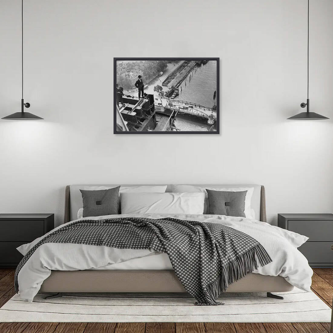 Historische foto van mannen op De Hef rond 1926 – canvas zwarte baklijst slaapkamer