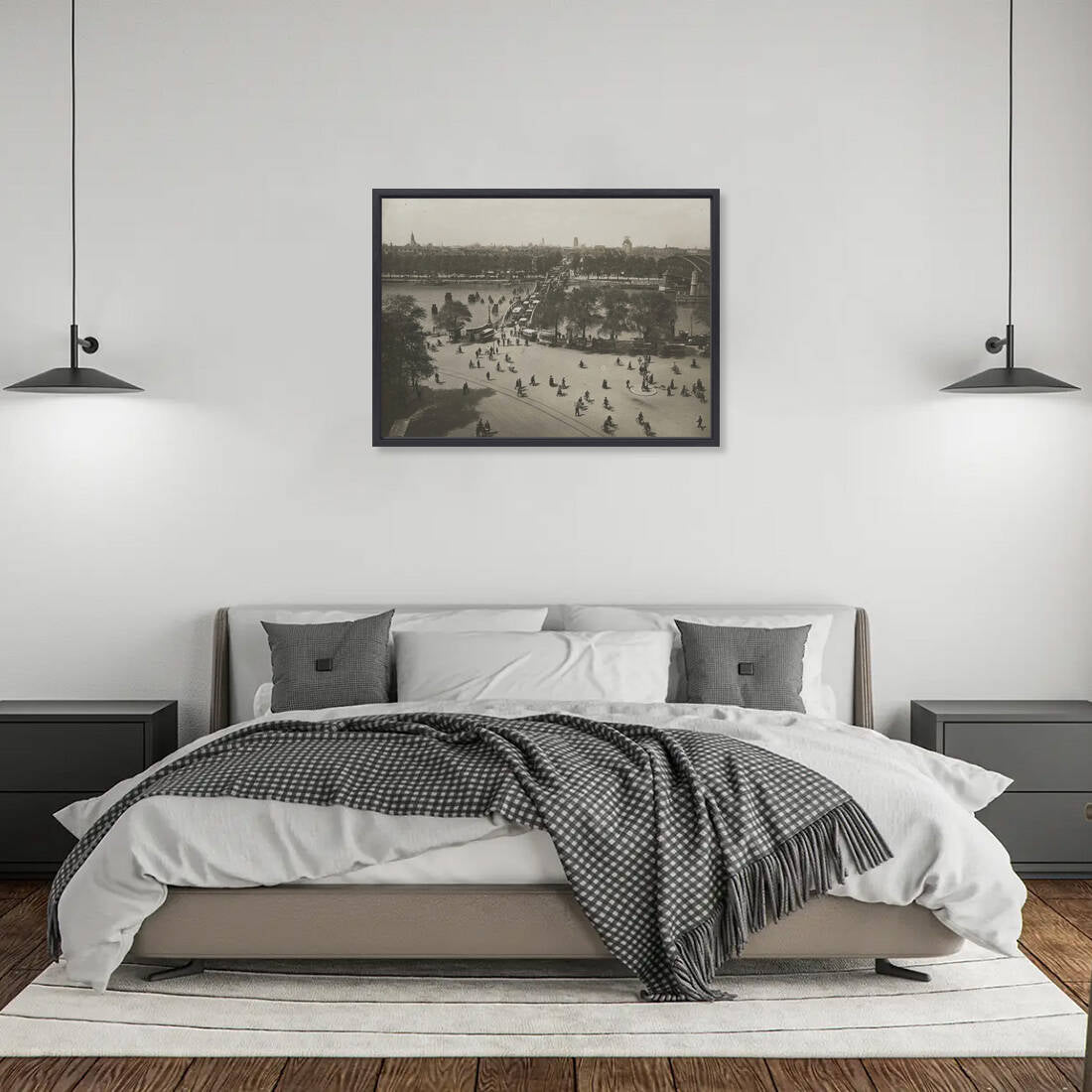 Historische foto van de spits op de Koninginnebrug rond 1920 – canvas zwarte baklijst in slaapkamer