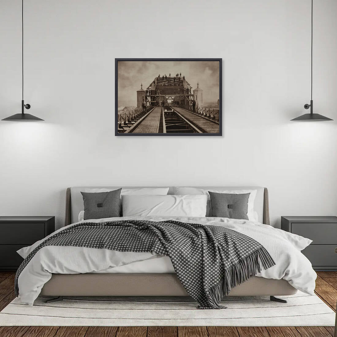 Historische foto van bruggenbouwers op de Koningsbrug in 1876 – canvas zwarte baklijst in slaapkamer