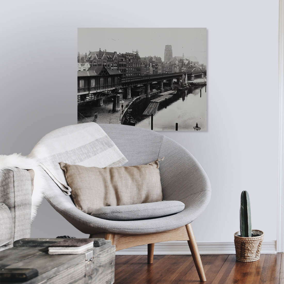 Historische foto van Beursstation aan de Kolk rond 1920 – canvas zonder lijst in leeshoek