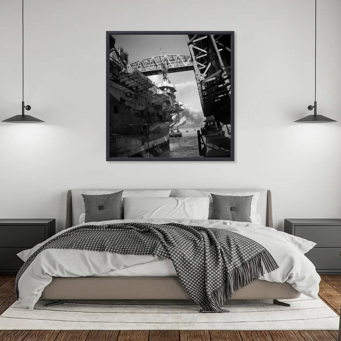 Historische foto van een vliegdekschip langs De Hef in 1947 – canvas zwarte baklijst in slaapkamer