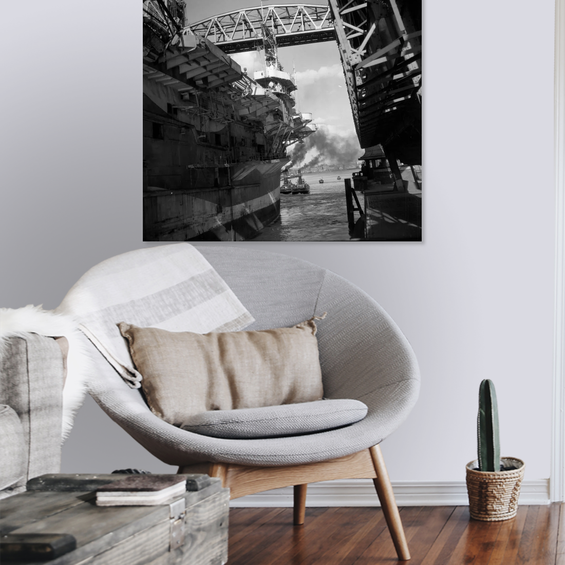 Historische foto van een vliegdekschip langs De Hef in 1947 – canvas zonder lijst in leeshoek