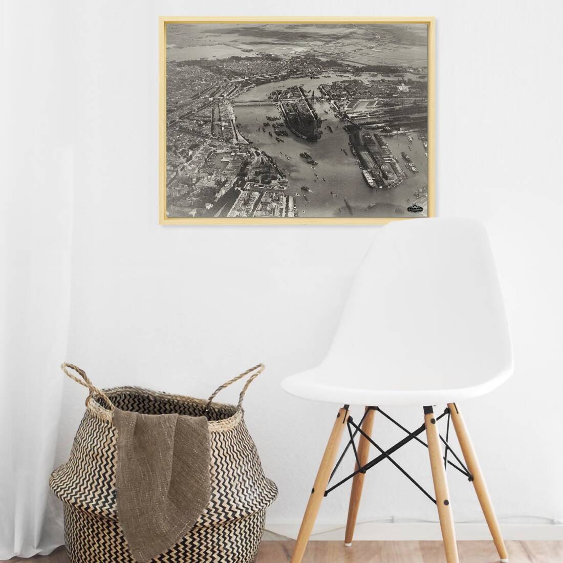 Historische foto van het Noordereiland in de Maas rond 1926 – canvas naturel baklijst in keuken