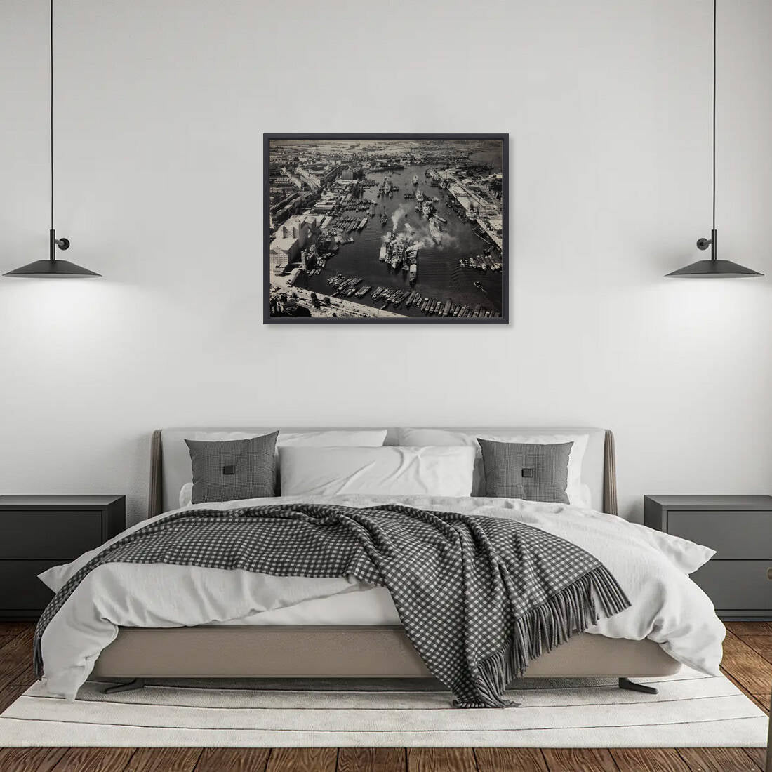 Historische foto van de Maashaven rond 1955 – canvas zwarte baklijst in slaapkamer