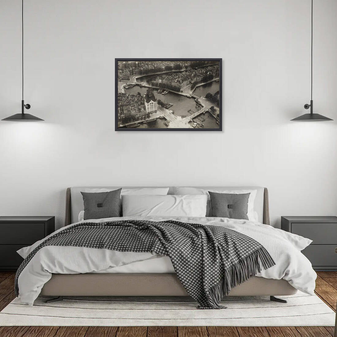 Historische foto van de Oude Haven en Spaansekade rond 1934 – canvas zwarte baklijst in slaapkamer