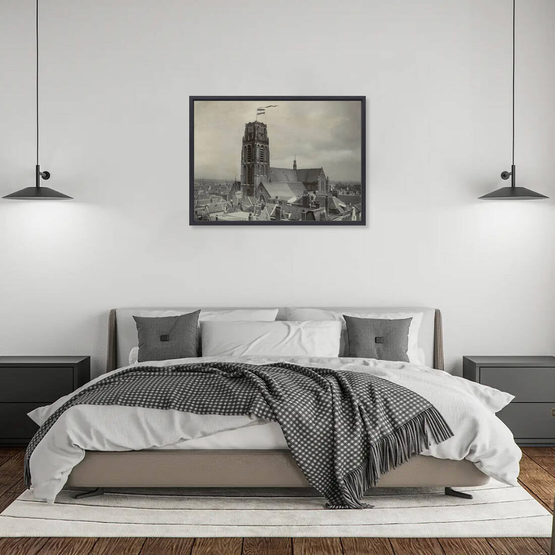 Historische foto van de wapperende Laurenskerk rond 1907 – canvas zwarte baklijst in slaapkamer