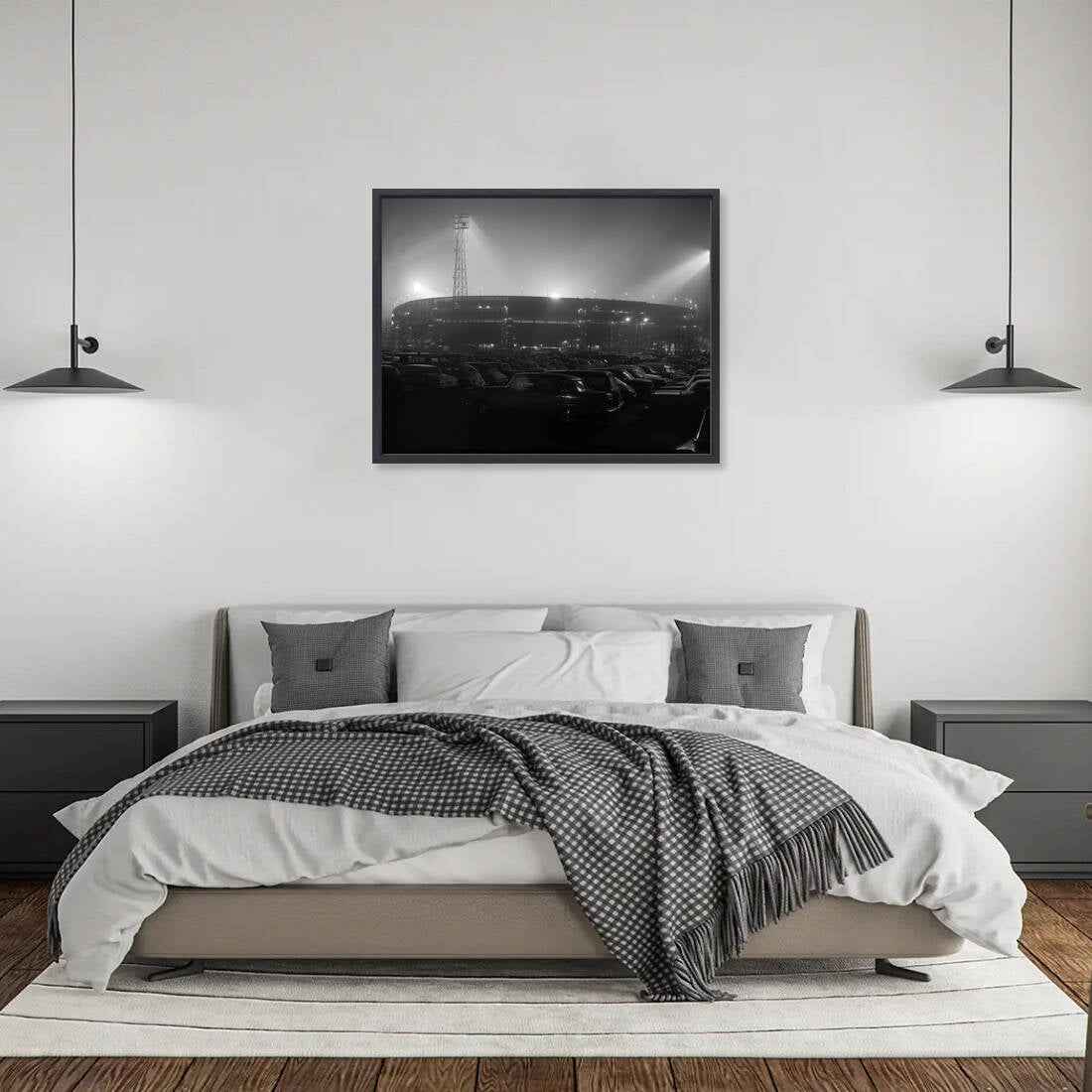 Historische foto van De Kuip bij nacht rond 1963 – canvas zwarte baklijst in slaapkamer