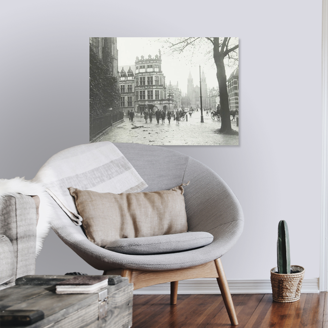 Zwart-witfoto van het Duivelshuis, het stadhuis van Arnhem. – canvas zonder lijst in leeshoek