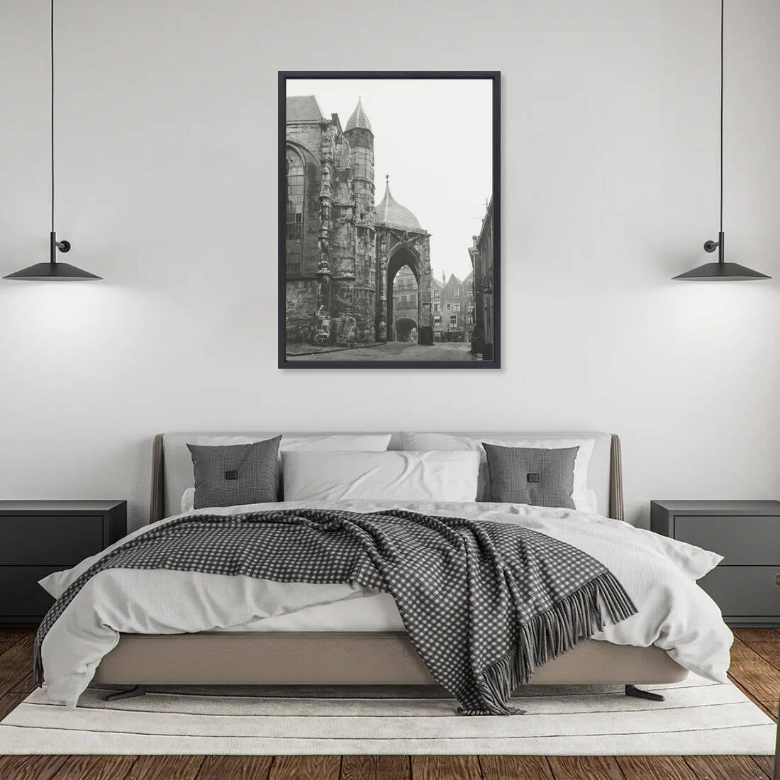 Zwart-witfoto uit 1938 van de Sint-Stevenskerk in Nijmegen. – canvas zwarte baklijst in slaapkamer