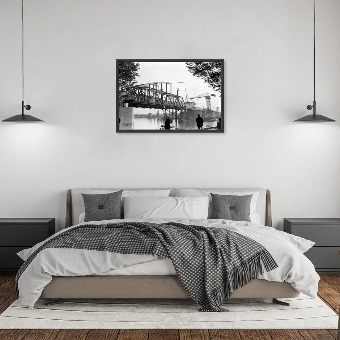 Zwart-witfoto uit 1934 van de bouw van de Rijnbrug bij Arnhem. – canvas zwarte baklijst in slaapkamer