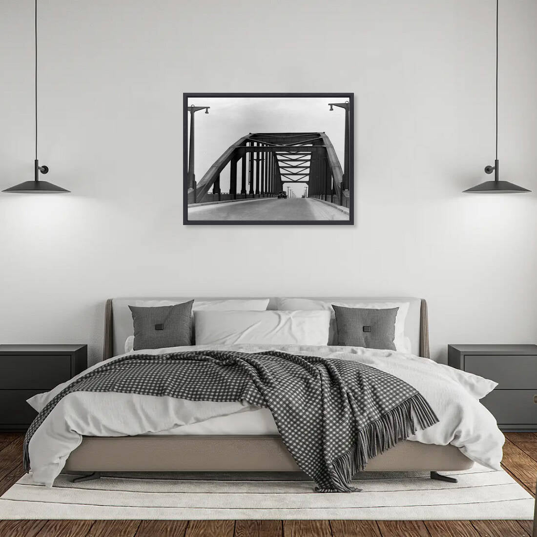 Zwart-witfoto uit omstreeks 1935 van de Rijnbrug bij Arnhem met een auto. – canvas zwarte baklijst in slaapkamer