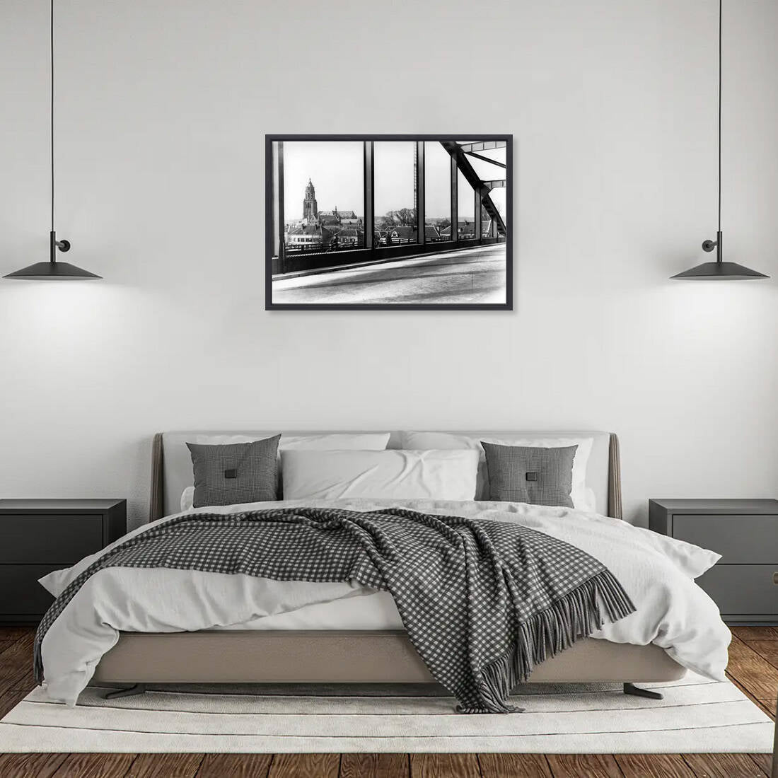 Zwart-witfoto uit omstreeks 1935 vanaf de Rijnbrug bij Arnhem met zicht op de Grote Kerk. – canvas zwarte baklijst in slaapkamer