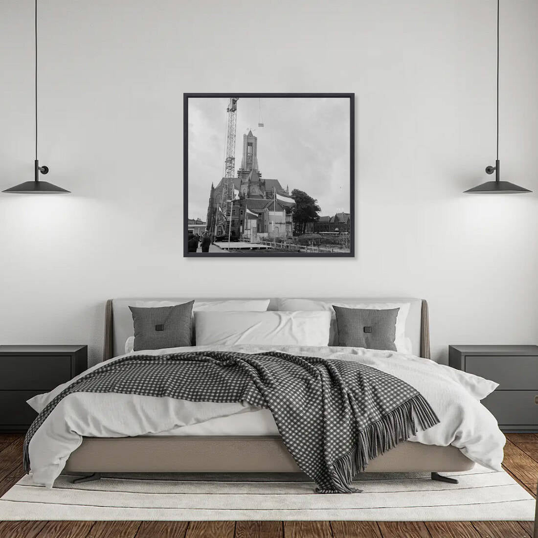 Zwart-witfoto uit 1964 van de inwijding van de Eusebiustoren in Arnhem. – canvas zwarte baklijst in slaapkamer
