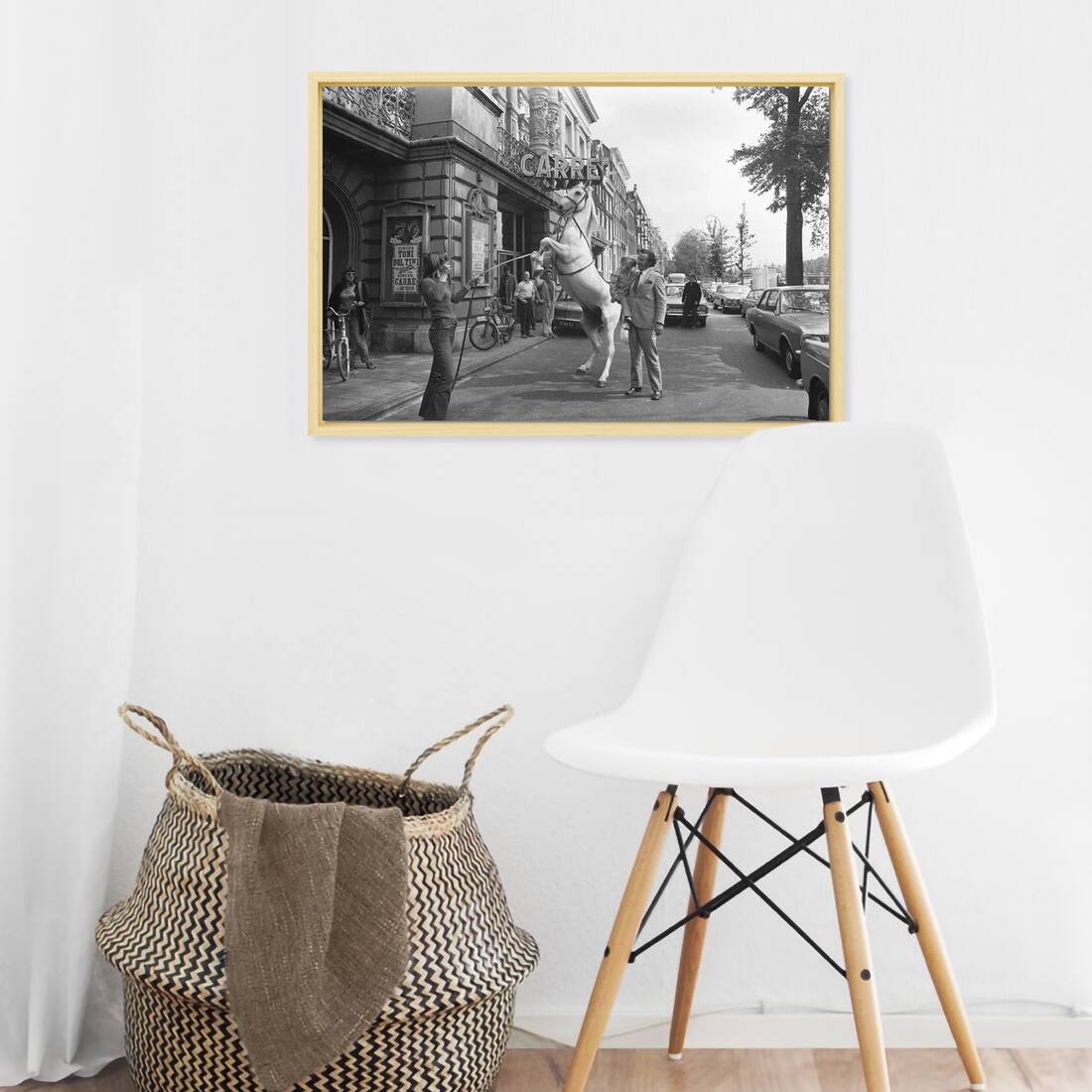 Zwart-witfoto uit 1972 van een circuspaard voor Theater Carré aan de Amstel in Amsterdam. – canvas naturel baklijst in keuken