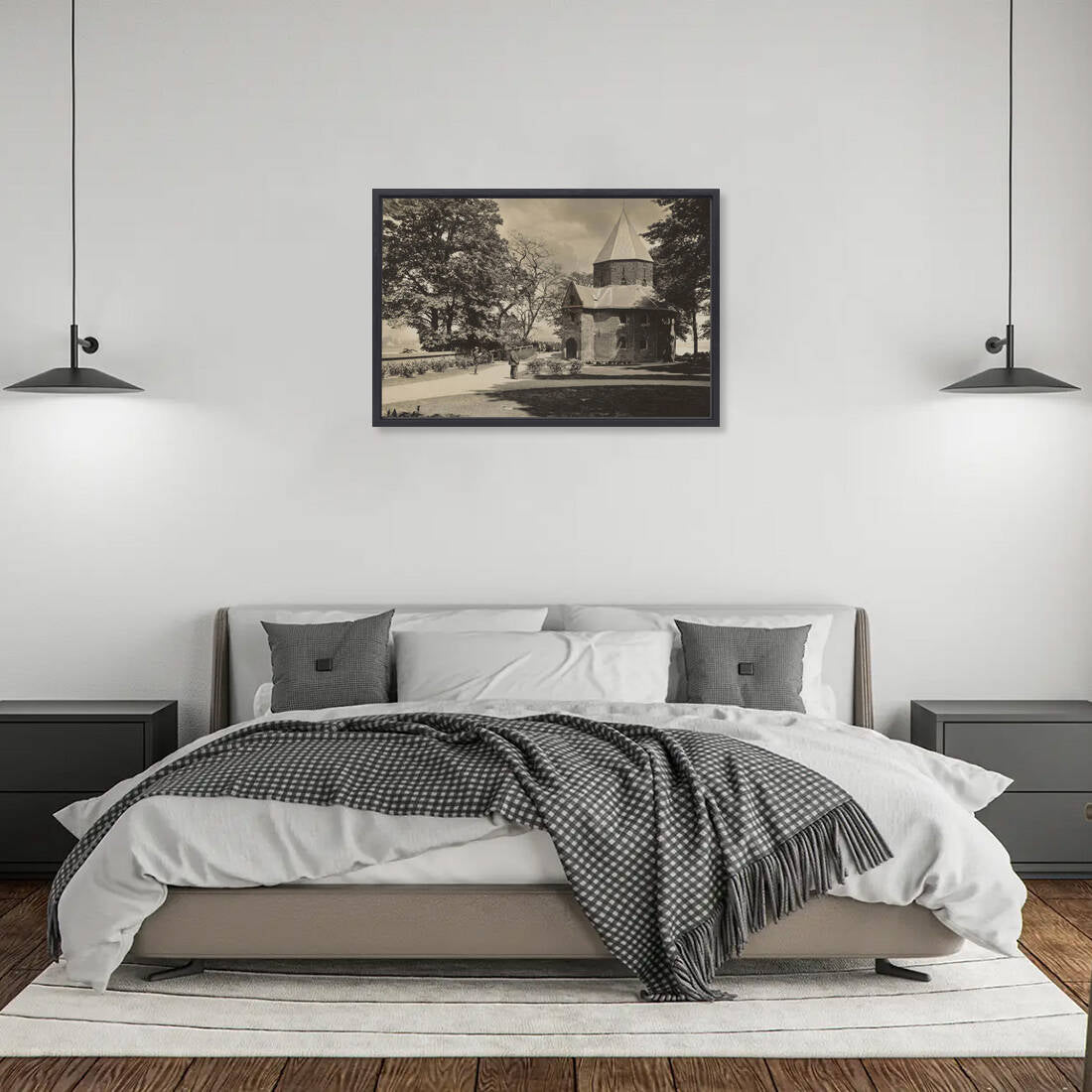 Zwart-witfoto van de Sint-Nicolaaskapel op het Valkhof in Nijmegen. – canvas zwarte baklijst in slaapkamer
