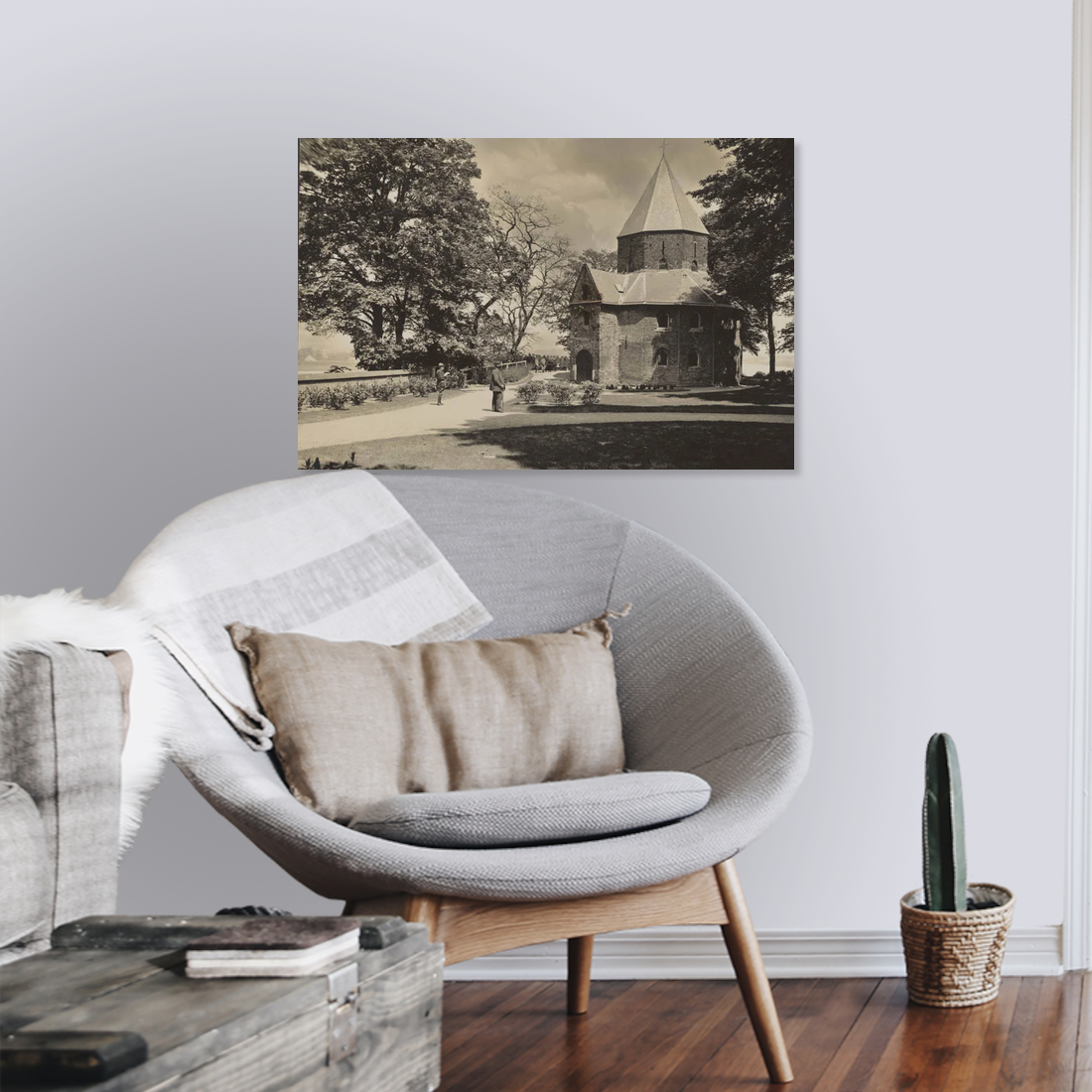 Zwart-witfoto van de Sint-Nicolaaskapel op het Valkhof in Nijmegen. – canvas zonder lijst in leeshoek