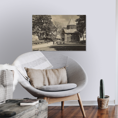 Zwart-witfoto van de Sint-Nicolaaskapel op het Valkhof in Nijmegen. – canvas zonder lijst in leeshoek