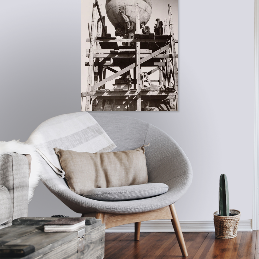 Zwart-witfoto uit 1932 van herstelwerkzaamheden aan het Koninklijk Paleis in Amsterdam. – canvas zonder lijst in leeshoek