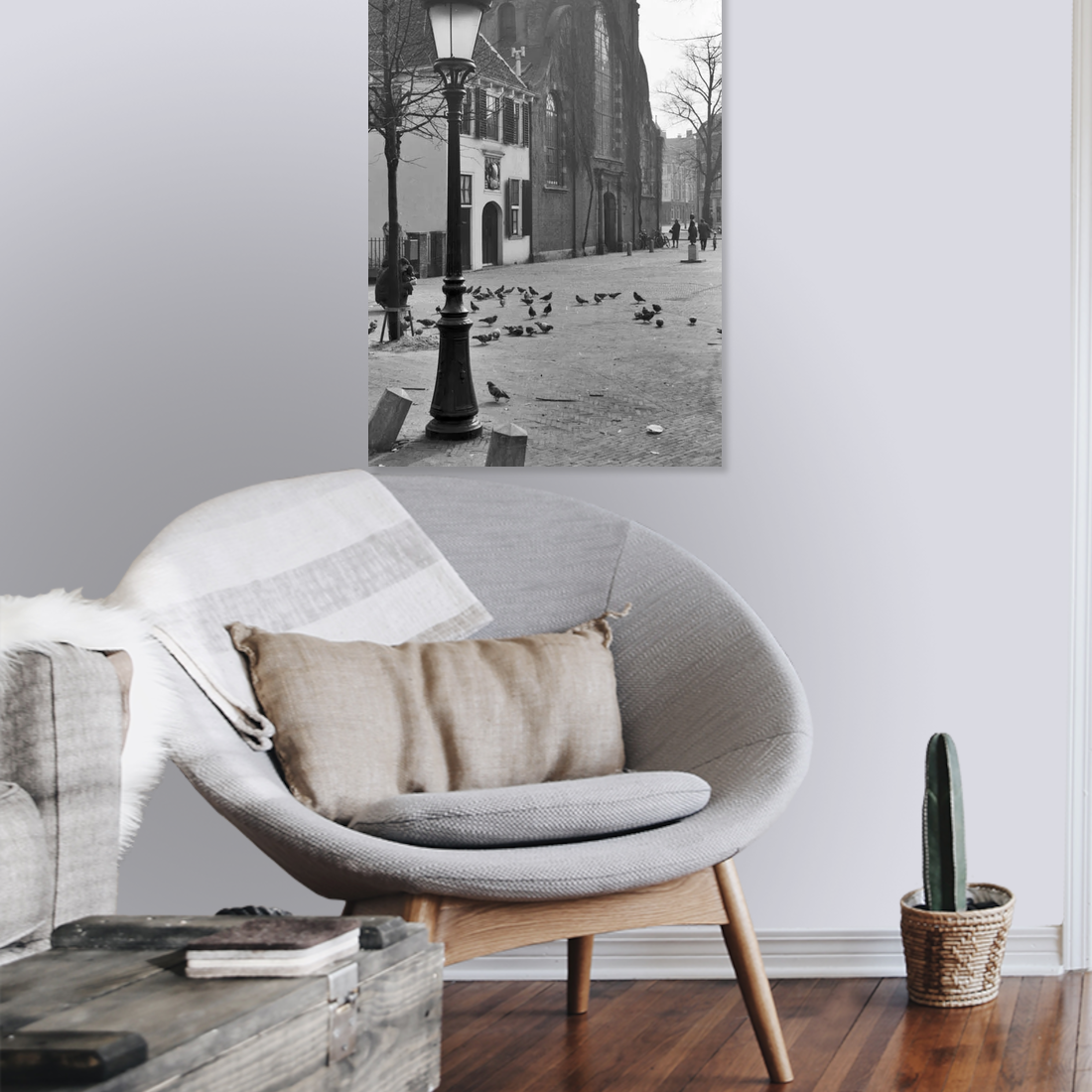 Zwart-witfoto uit 1960 van de voormalige Hoofdwacht aan het Janskerkhof in Utrecht. – canvas zonder lijst in leeshoek