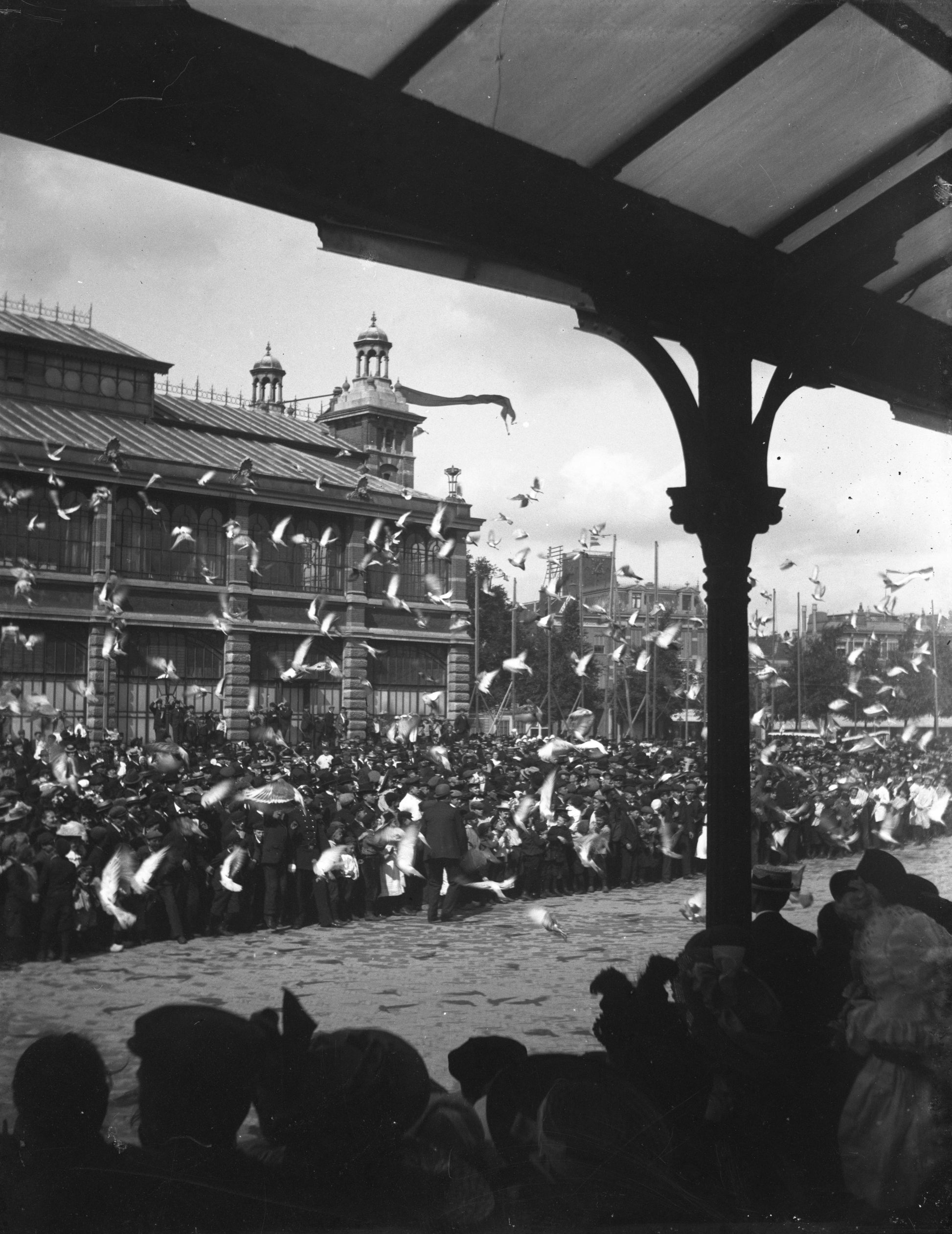 Zwart-witfoto uit 1903 van het publiek bij een duivenwedvlucht op het Vredenburg in Utrecht.