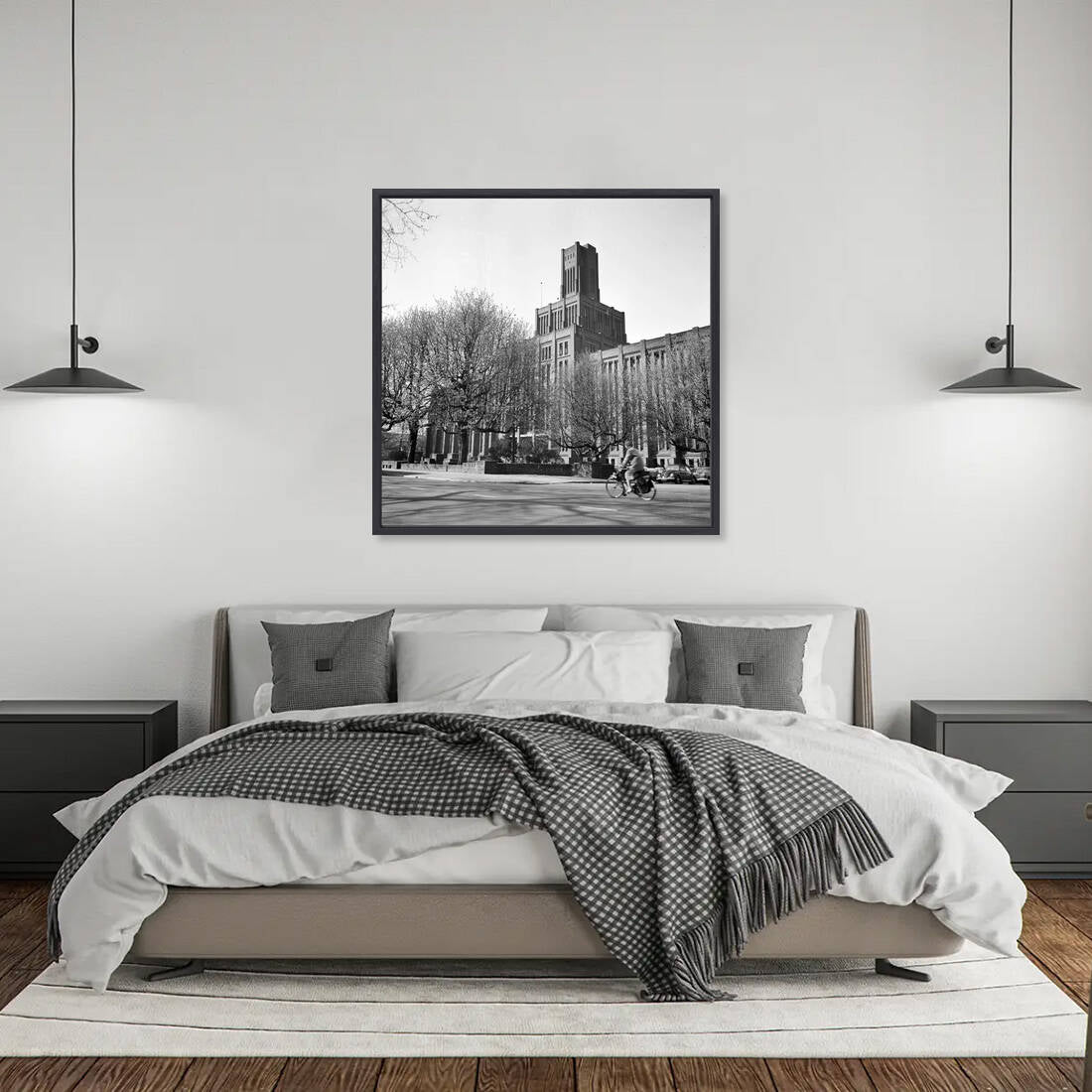 Zwart-witfoto uit 1964 van het Hoofdgebouw III van de Nederlandse Spoorwegen aan het Moreelsepark in Utrecht. – canvas zwarte baklijst in slaapkamer