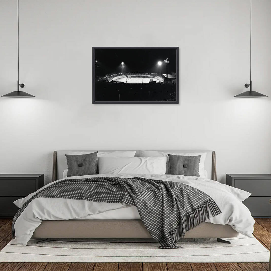 Zwart-witfoto uit 1976 van het Stadion Galgenwaard in Utrecht. – canvas zwarte baklijst in slaapkamer