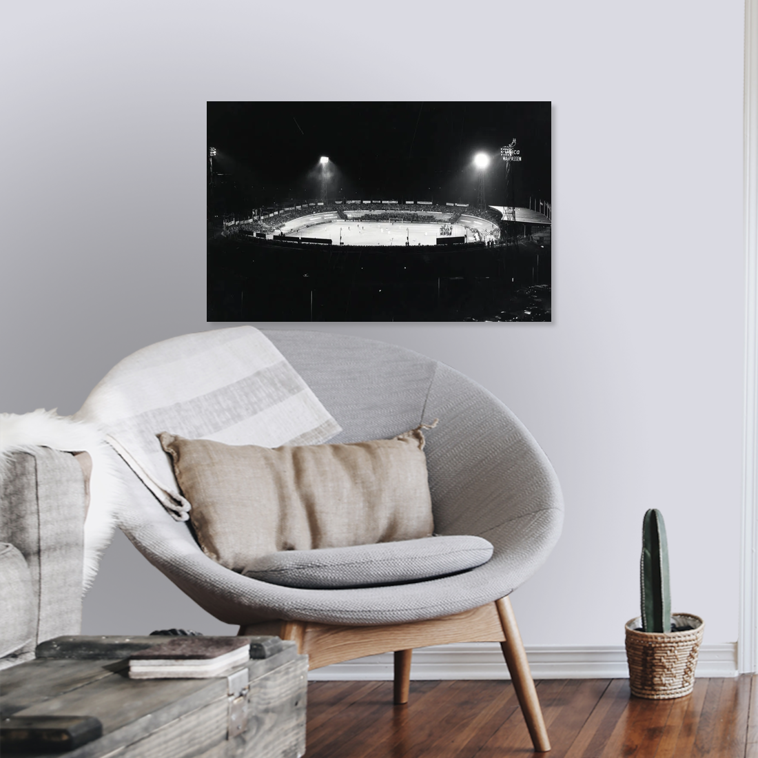 Zwart-witfoto uit 1976 van het Stadion Galgenwaard in Utrecht. – canvas zonder lijst in leeshoek