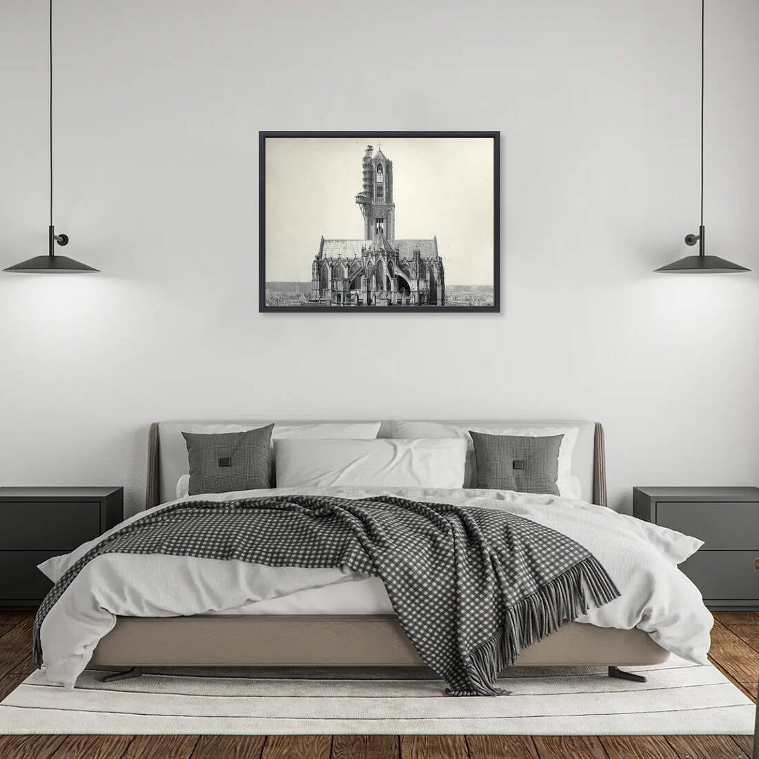 Zwart-witfoto uit 1903 van het koor van de Domkerk aan het Domplein in Utrecht. – canvas zwarte baklijst in slaapkamer